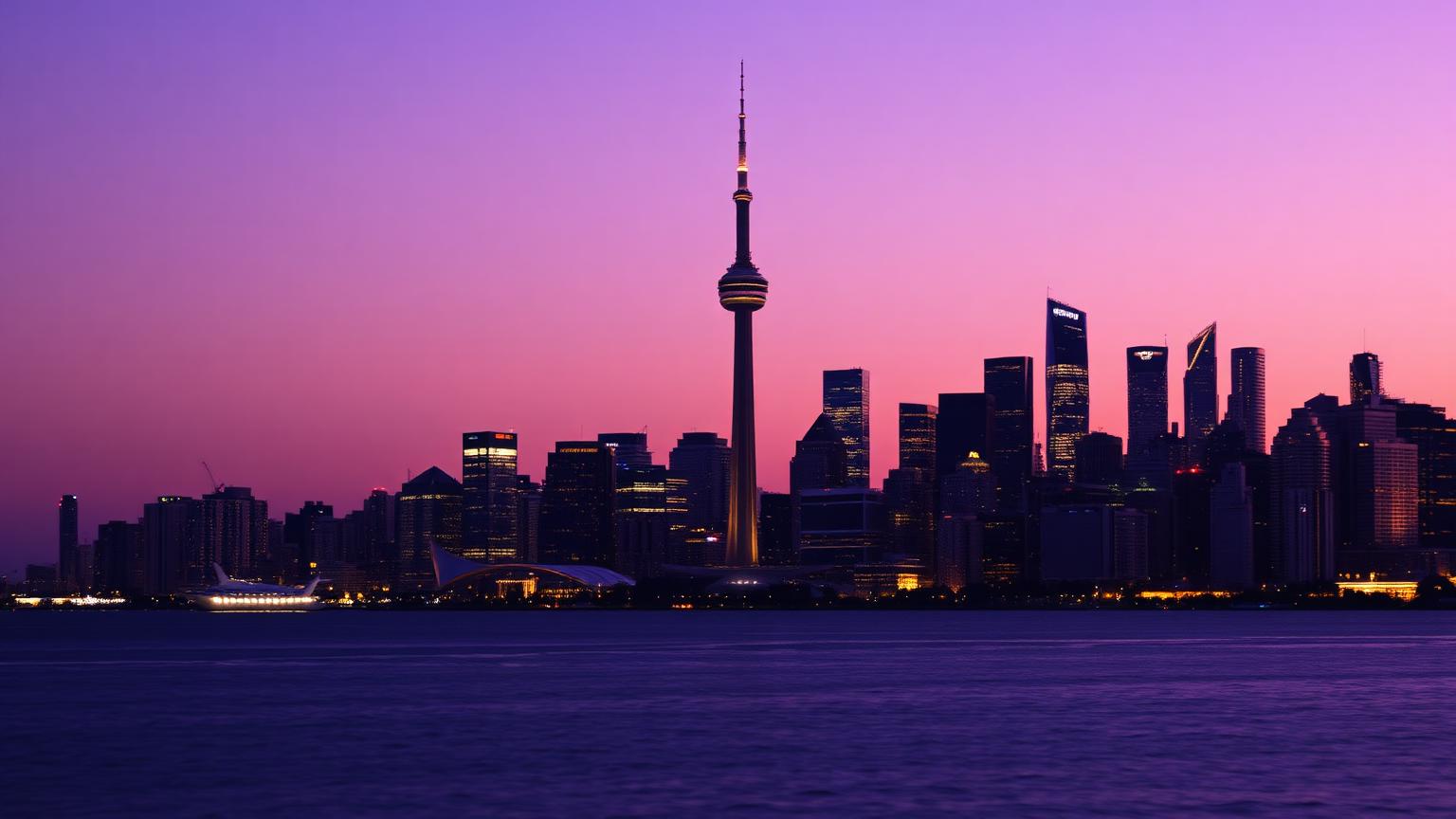 Toronto skyline at dusk with the CN Tower over Lake Ontario, evoking Ontario's regulated iGaming market